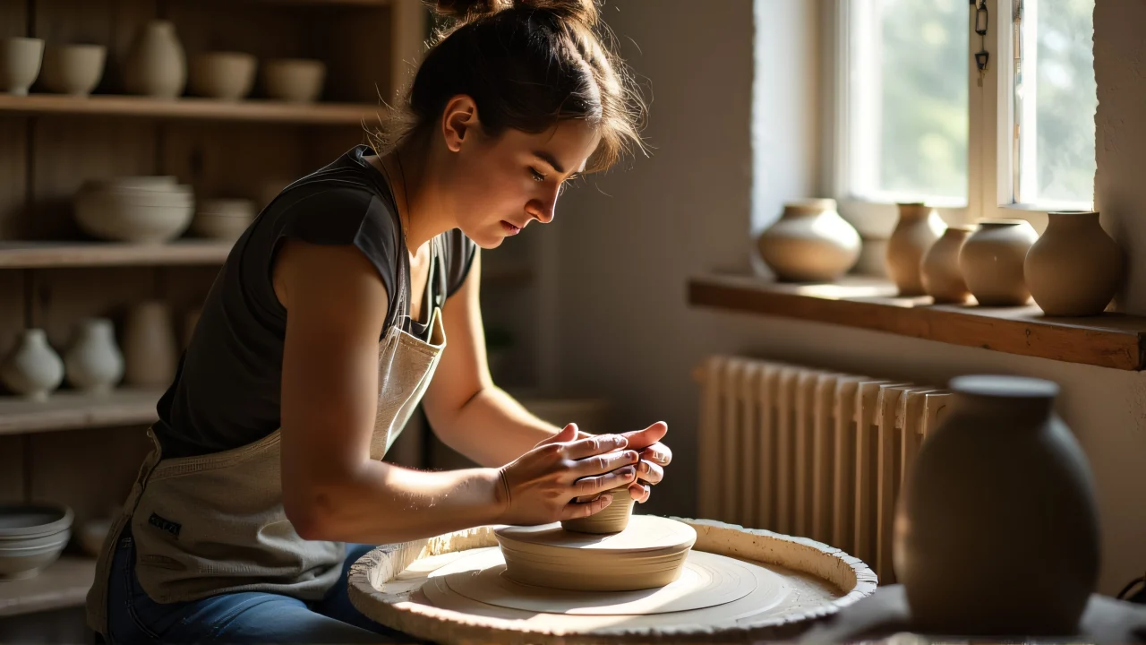 A potter shaping clay on a wheel in a sunlit room.