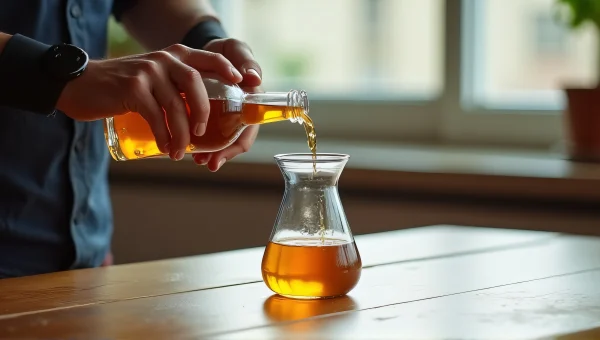 Pouring Liquid Into Carafe On Wooden Table