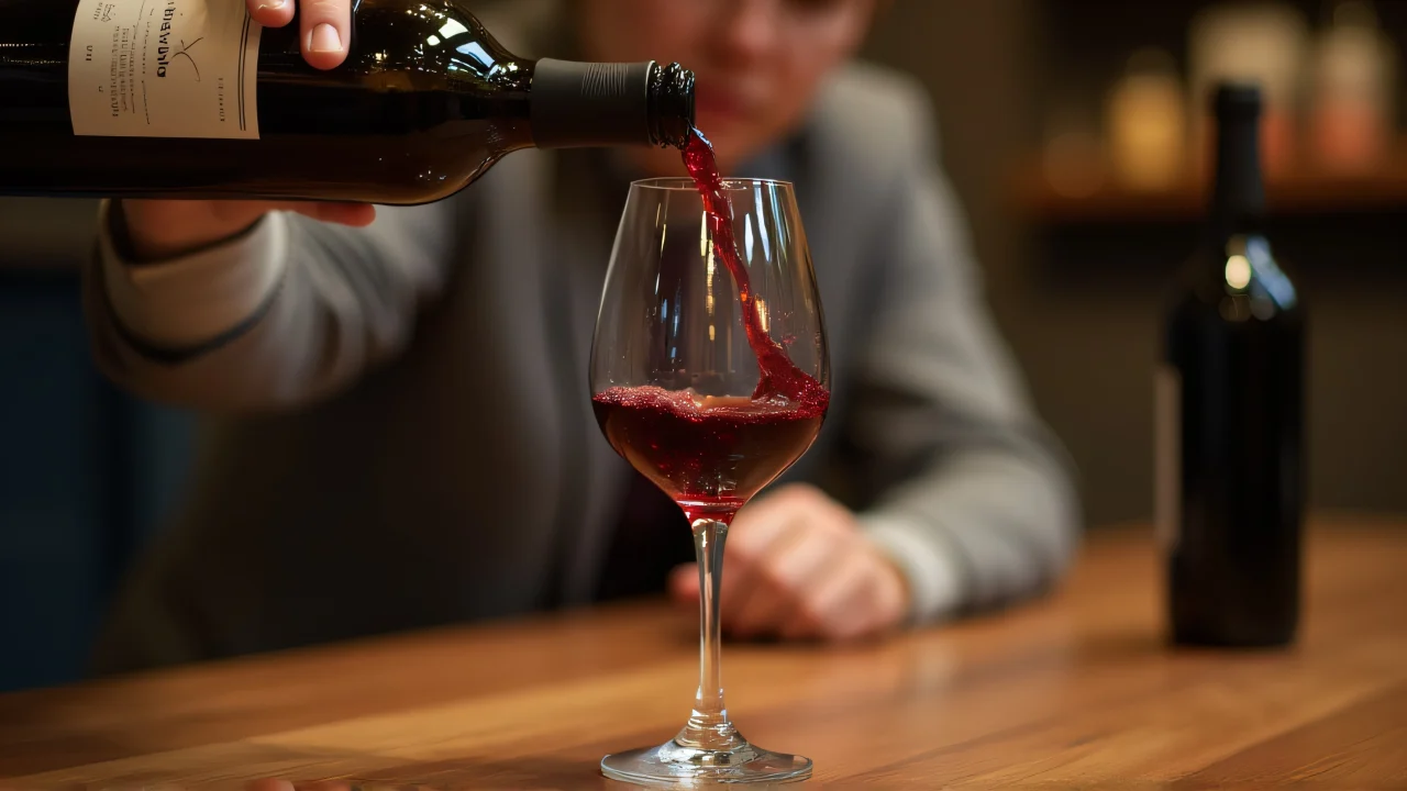 A person pours red wine into a crystal glass on a wooden table.