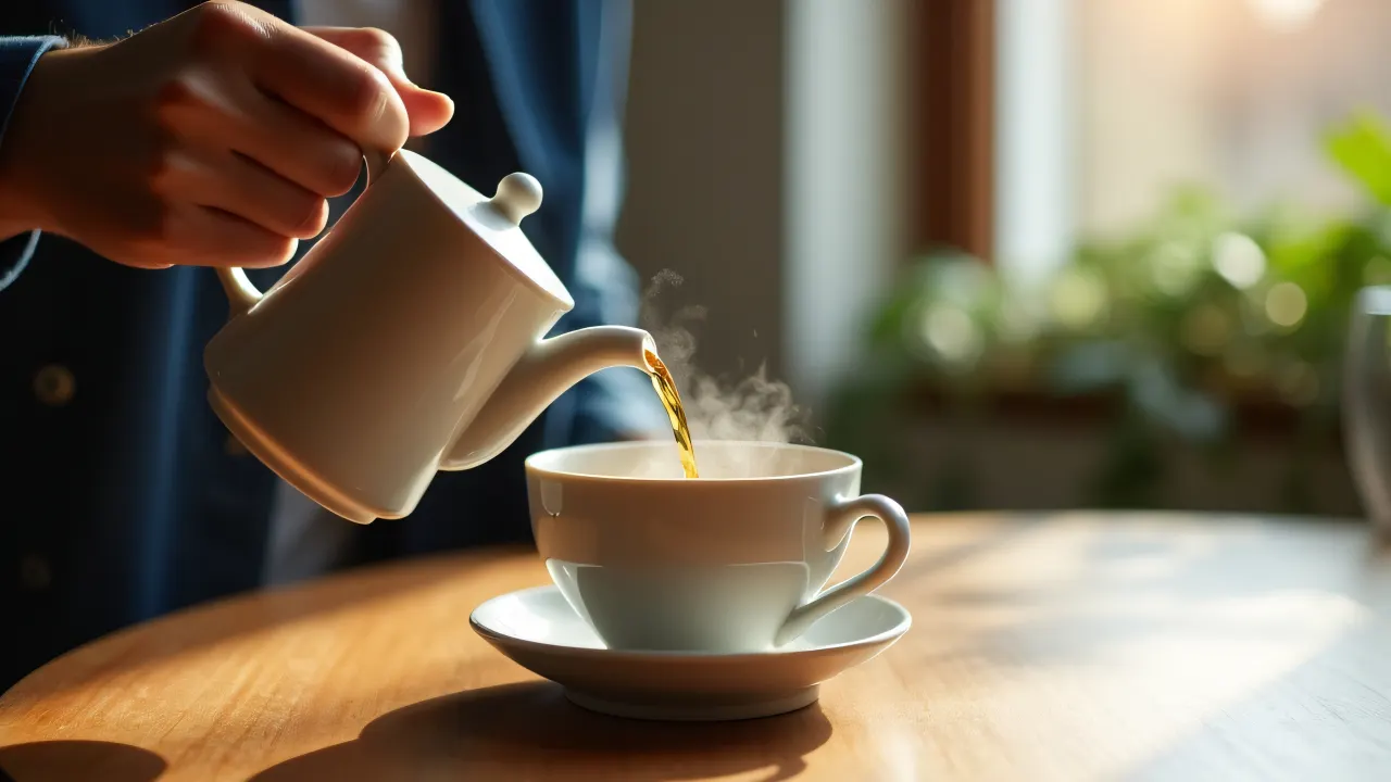 A close-up view of a person pouring tea into a cup with steam rising on a wooden table.