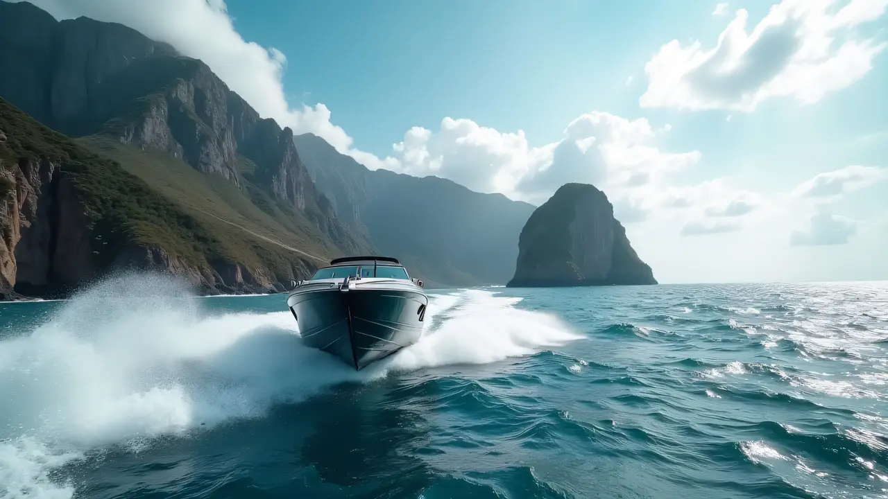 A powerboat races through choppy ocean waves near a rugged mountain coastline.