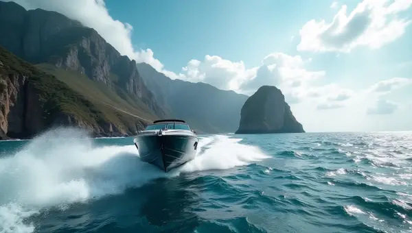 Powerboat Racing Choppy Ocean Waves Near Mountains