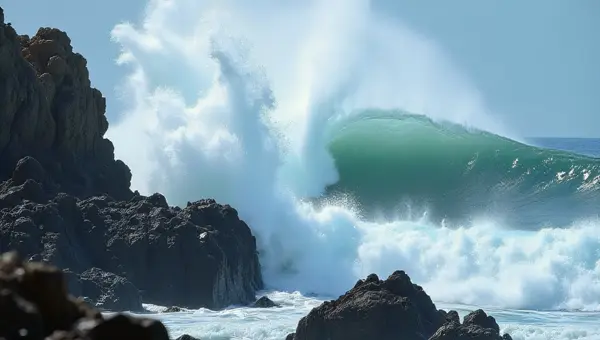 Powerful Sea Waves Breaking Against Coastal Rocks