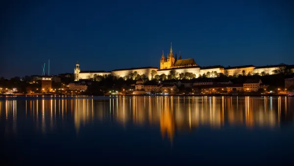 Prague Castle Night Reflection Calm Lake View