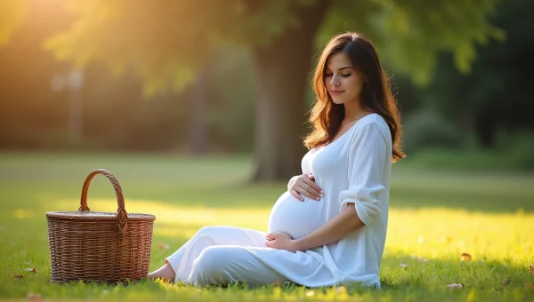 Pregnant Woman Picnic Basket Relaxing Outdoors