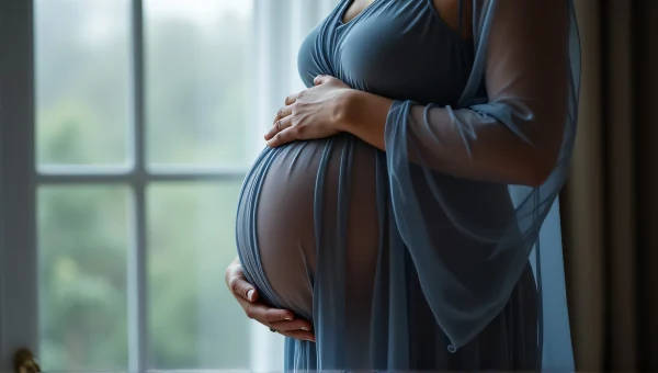 Pregnant Woman in Soft Blue Gray Dress Relaxing