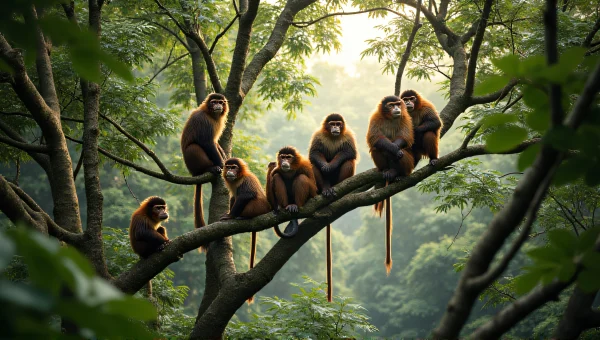 Primate Group In Rainforest Canopy With Sunlight