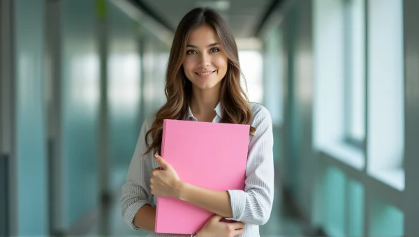 Professional Woman Holding Pink Folder In Office