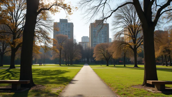 Public Park with Benches and Trees Near Buildings