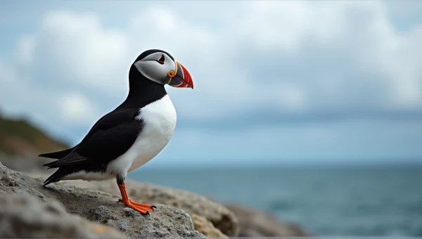 Puffin Perched On Rocky Shoreline With Clouds