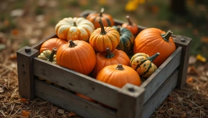 Pumpkins And Gourds In Wooden Crate, Autumn Vibes
