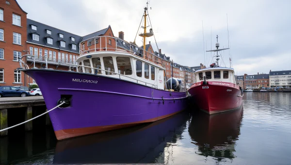 Purple Maroon Boats Moored By Waterfront Buildings