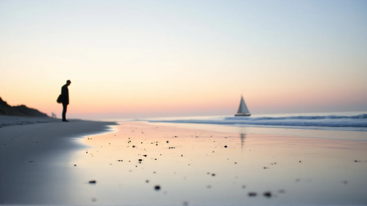 A lone figure stands on wet sand at dawn with a distant sailboat and soft pastel sky.