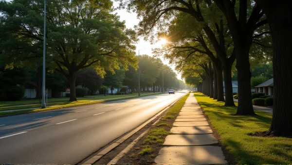 Quiet Road with Mature Trees and Sidewalk Shadows
