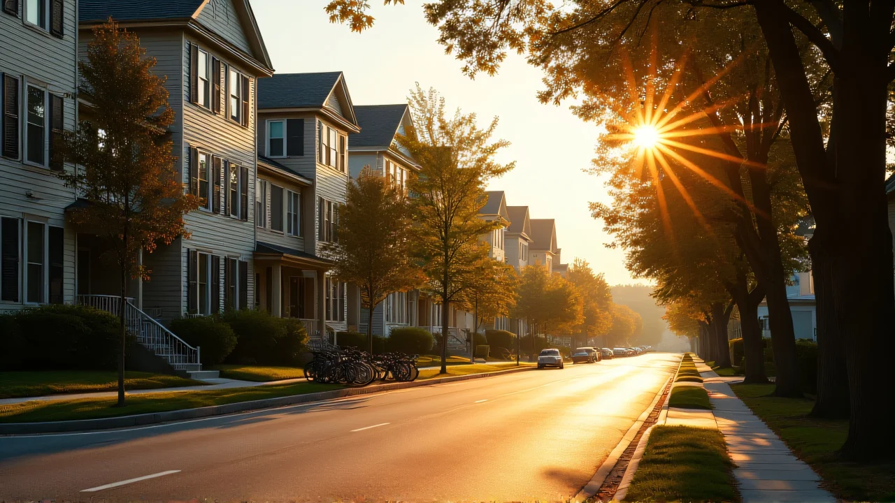 Row of residential houses with trees and bicycles during golden hour.