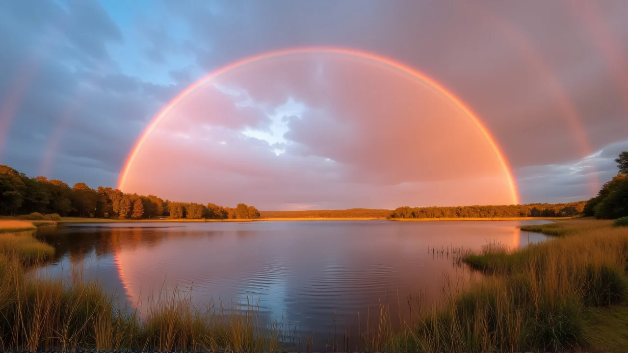 A rainbow arches over a calm lake with reeds in the foreground during golden hour.
