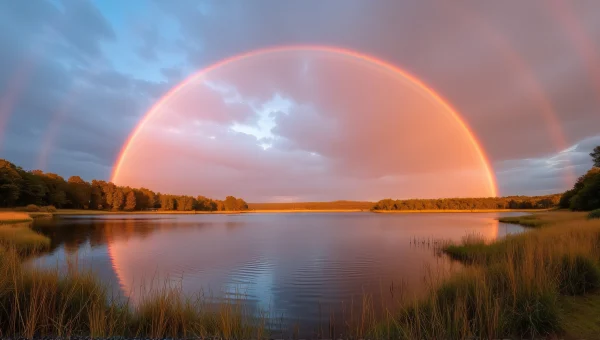 Rainbow Over Tranquil Lake At Golden Hour