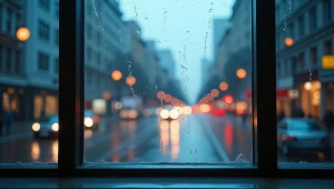 Rainy City View Through Large Glass Window
