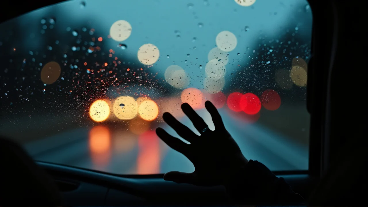 A hand rests on a rain-speckled window, with blurred city lights in the background at dusk.