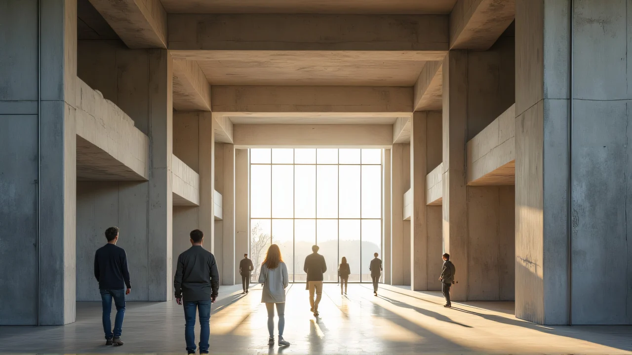 People walking in a spacious raw concrete building with high ceilings and natural light.