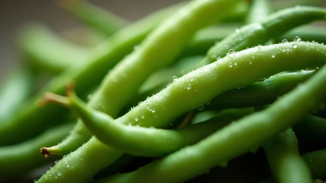 Close-up of raw green beans showcasing texture and dew in soft light.