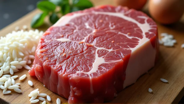 Raw Marbled Meat and Rice Still Life Composition