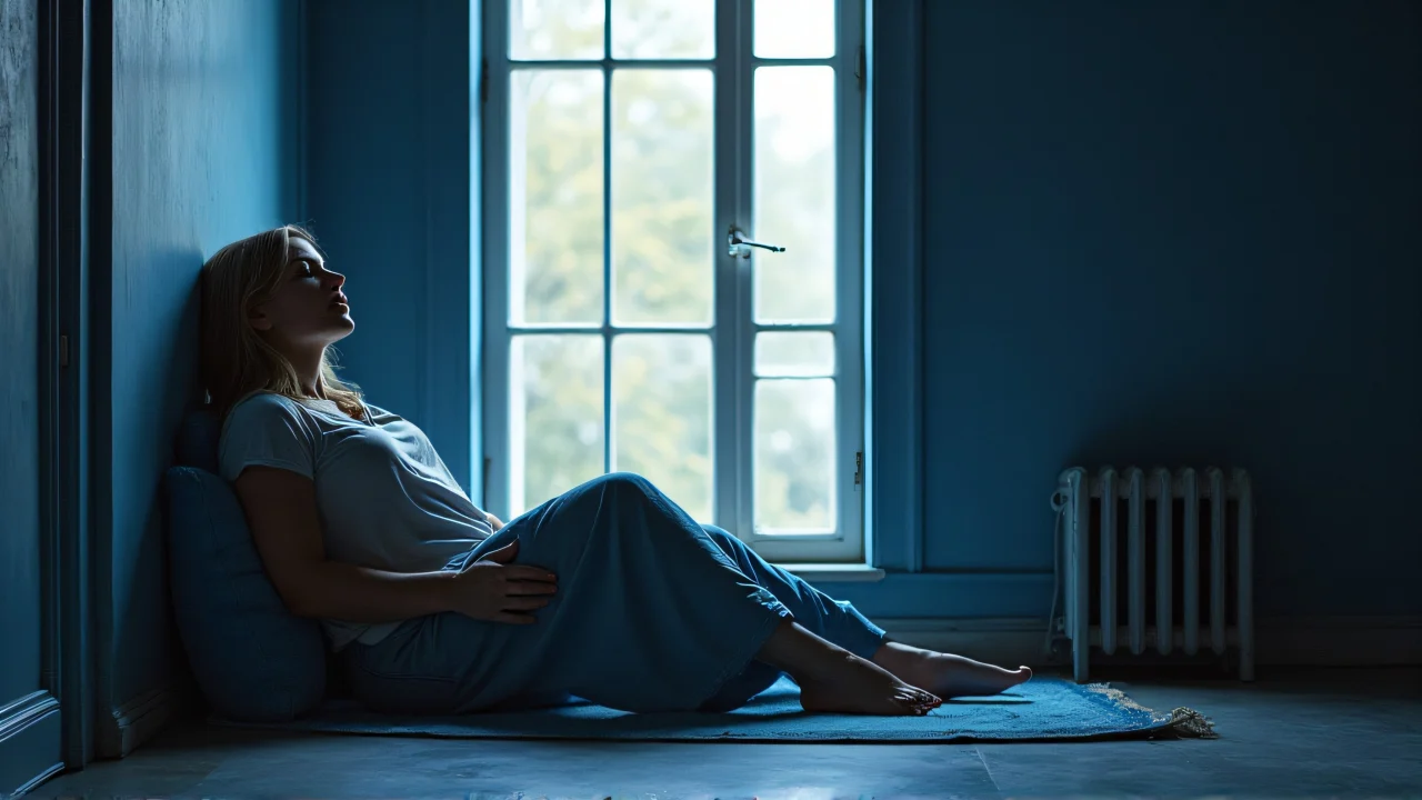 A person relaxes beside cobalt plaster near a tall window, bathed in soft light.