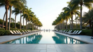 Rectangular Pool With Palm Trees And Lounge Chairs