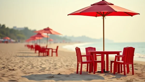 Red Beach Tables And Chairs Under Umbrella