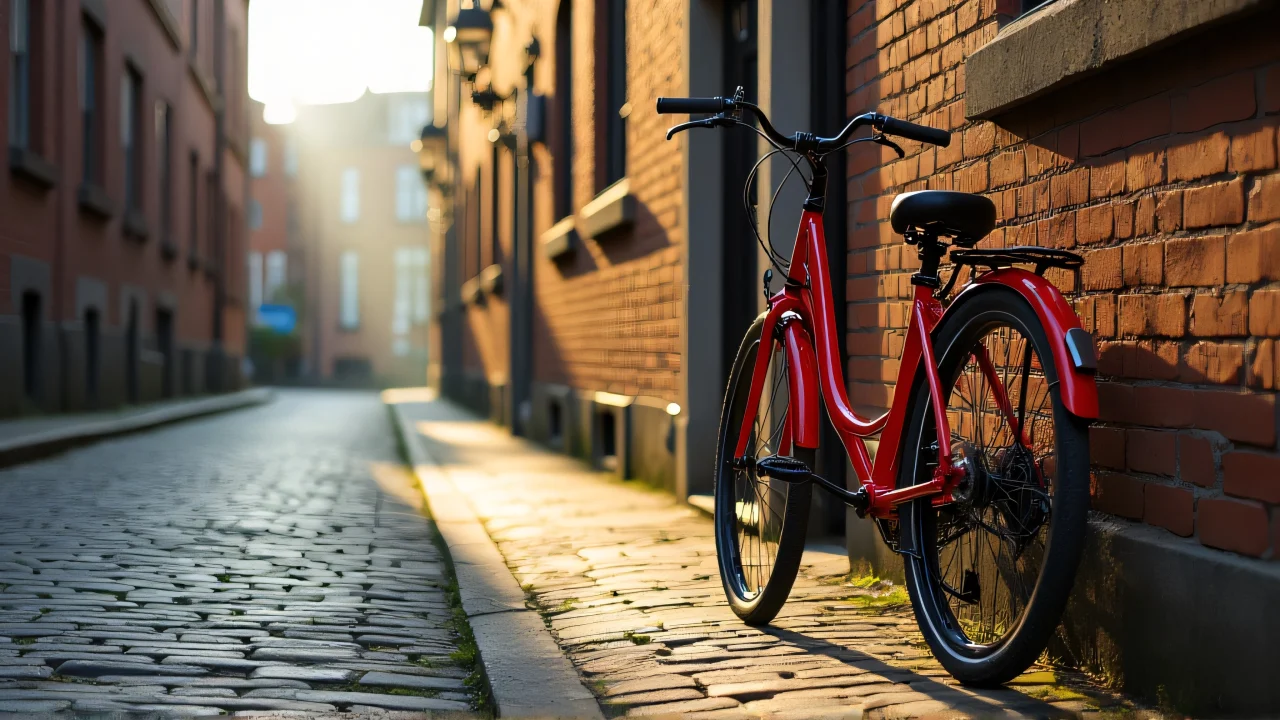 A red bicycle parked on a narrow cobblestone street beside a brick building in the early morning light.