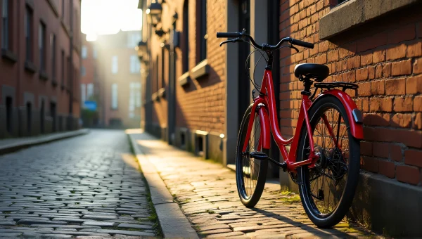 Red Bicycle Parked On Cobblestone Street