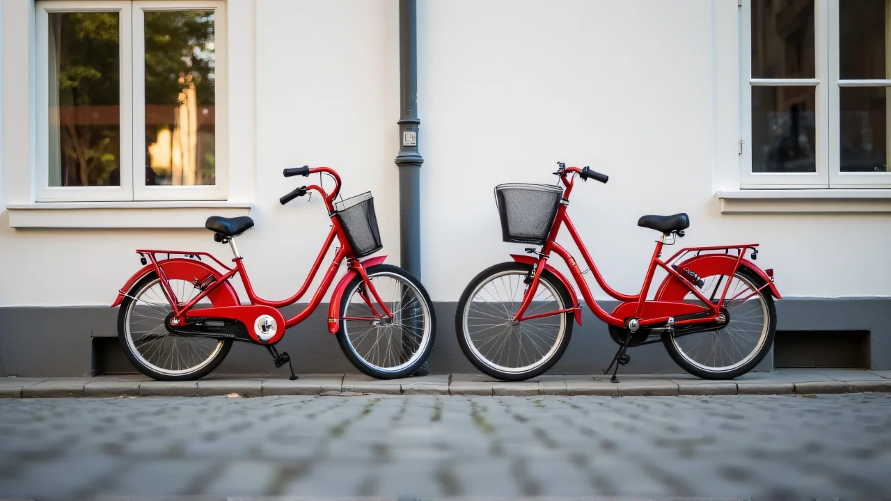 Two red bicycles parked on a sidewalk next to a white building with reflections.