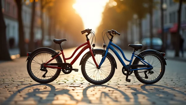 Red And Blue Bicycles On Sunlit Cobblestone Lane
