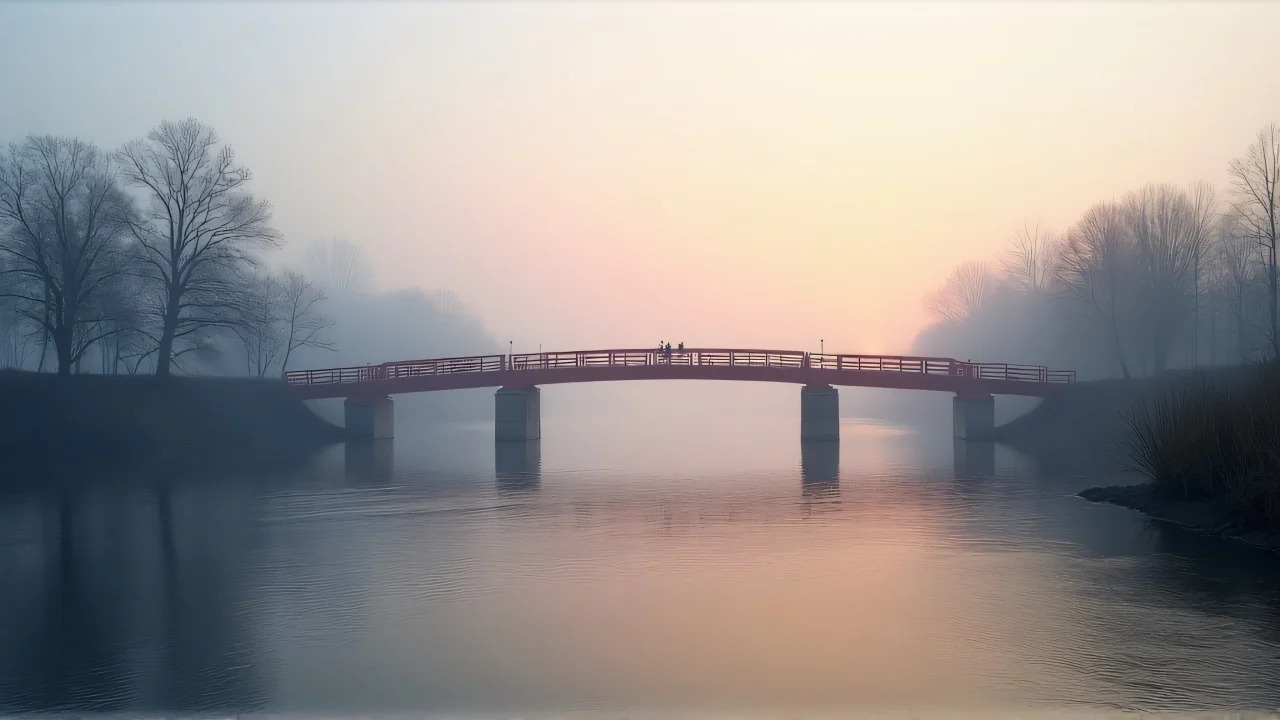 A low angle view of a red bridge spanning a foggy river at dawn, with reflections in the water.
