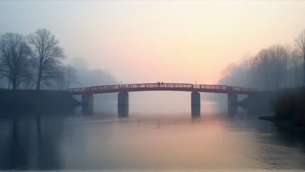 Red Bridge Over Foggy River At Dawn