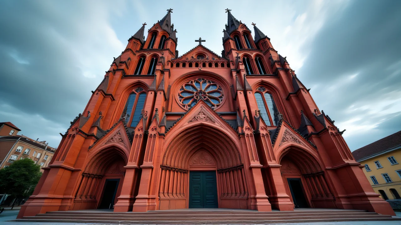 Wide-angle view of a historical building with red and brown facade under a dramatic sky.
