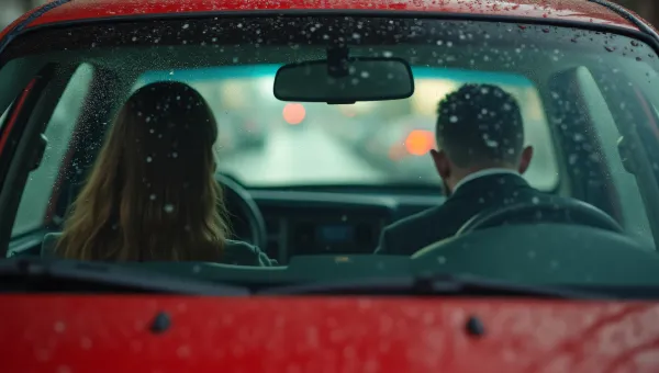 Red Car Interior With City Reflections During Rain