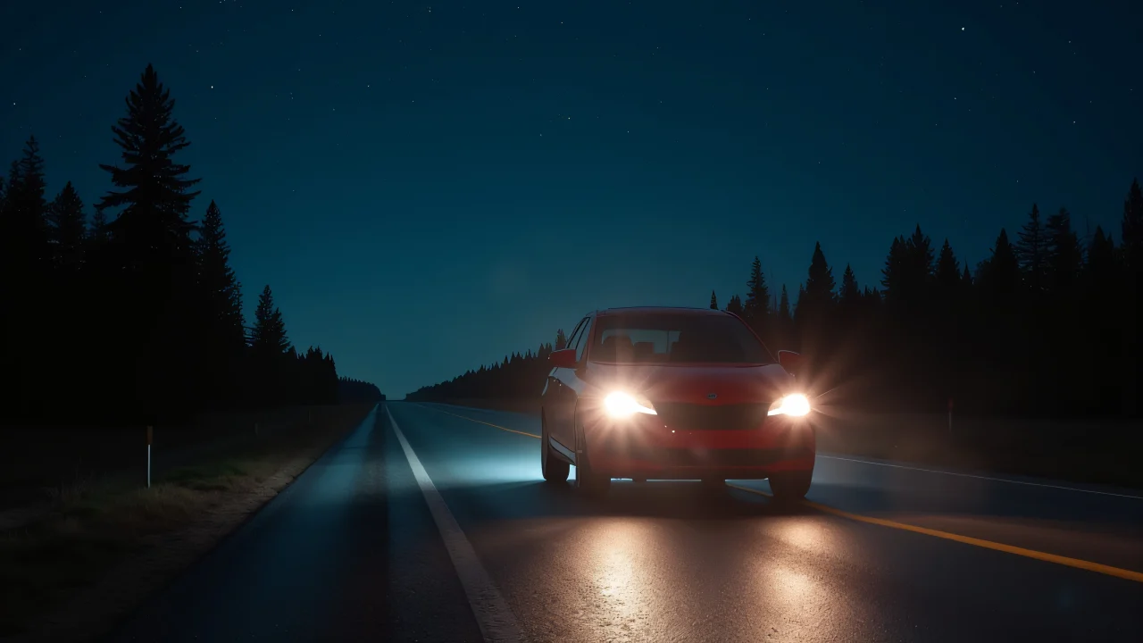 A red car drives on a deserted road at night, illuminated by headlights against a starry sky.