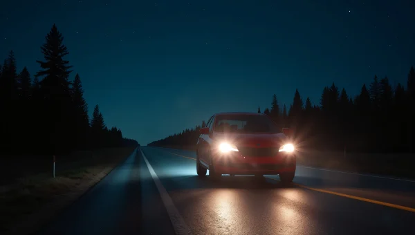 Red Car Night Drive On Empty Road With Stars