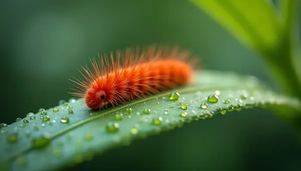 Red Caterpillar Crawling On Dewy Green Leaf