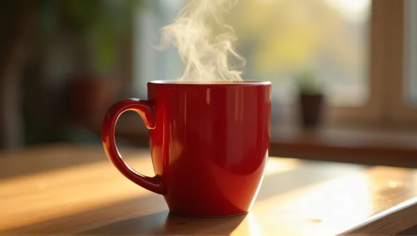 Red Ceramic Mug on Wooden Table with Steam