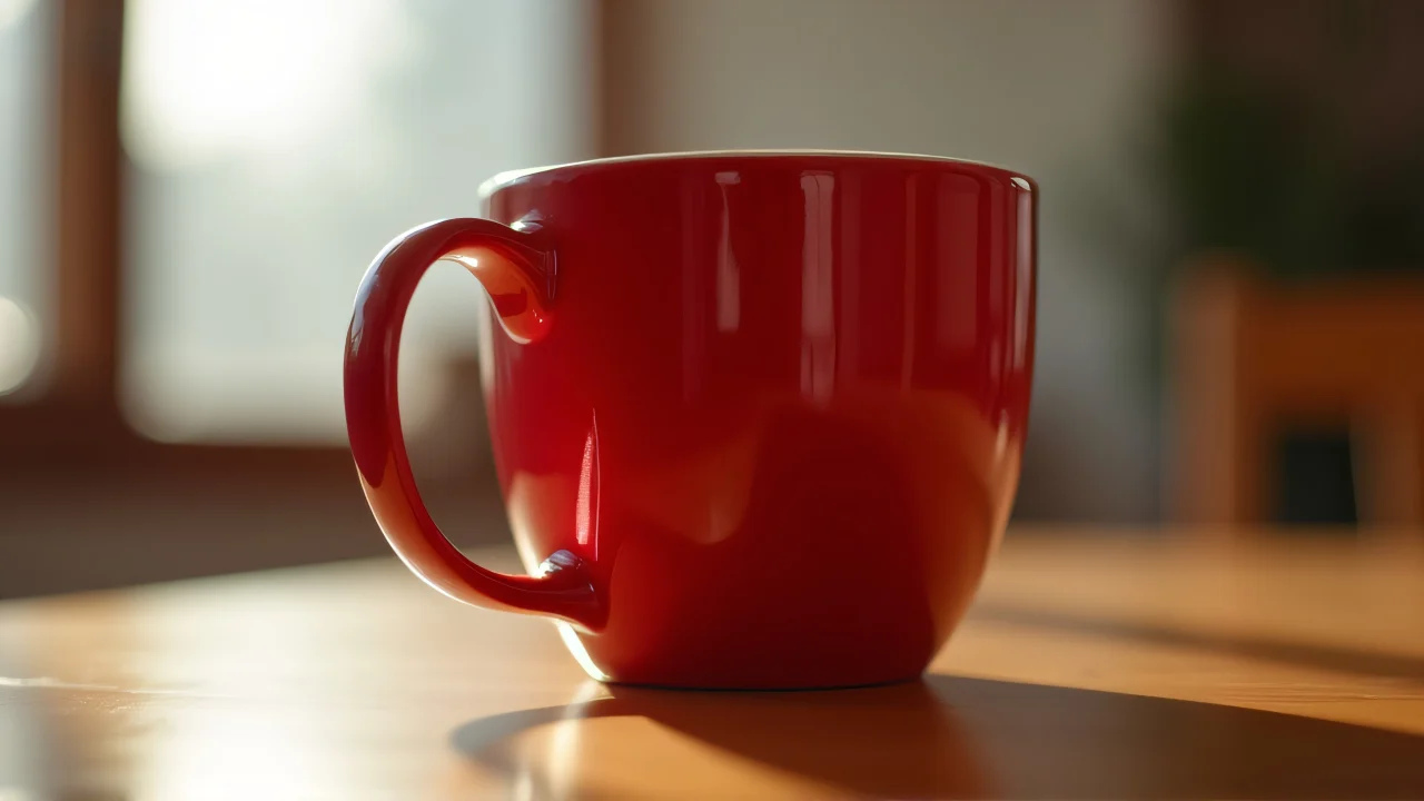 Close-up of a red cup reflecting on a tabletop in soft light.