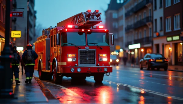 Red Fire Truck Parked on City Street at Dusk