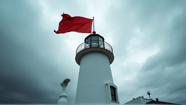 Red Flag On Lighthouse Against Stormy Sky
