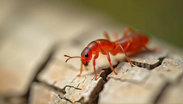 Red Insect Crawling On Cracked Bark Close-Up
