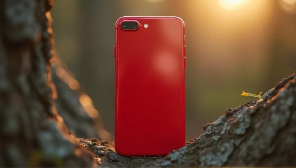 Red iPhone 7 in Tree Fork Close-Up View
