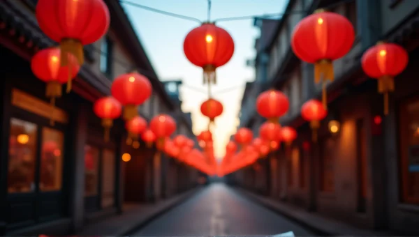 Red Lanterns Hanging Over Narrow Street Evening