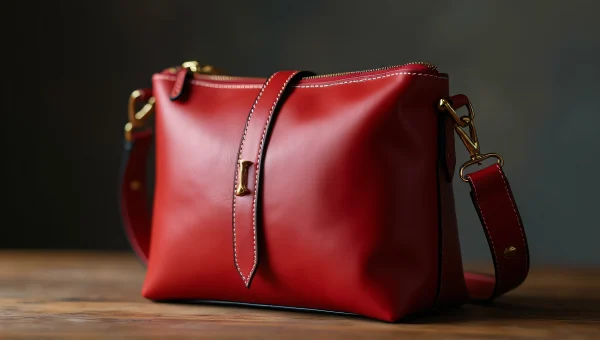 Red Leather Bag on Wooden Table Close-Up
