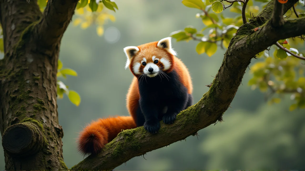 A red panda resting on a moss-covered oak branch in gentle morning light.