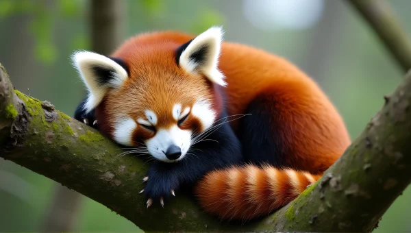 Red Panda Sleeping on Mossy Tree Branch